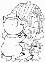 coloriage le petit cochon et le plan de sa maison de pailles
